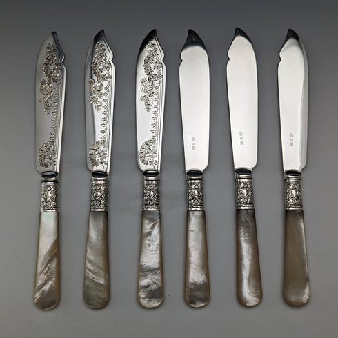 Circa 1900 British antique white mother-of-pearl handle dessert cutlery set of 6 pairs in wooden box
